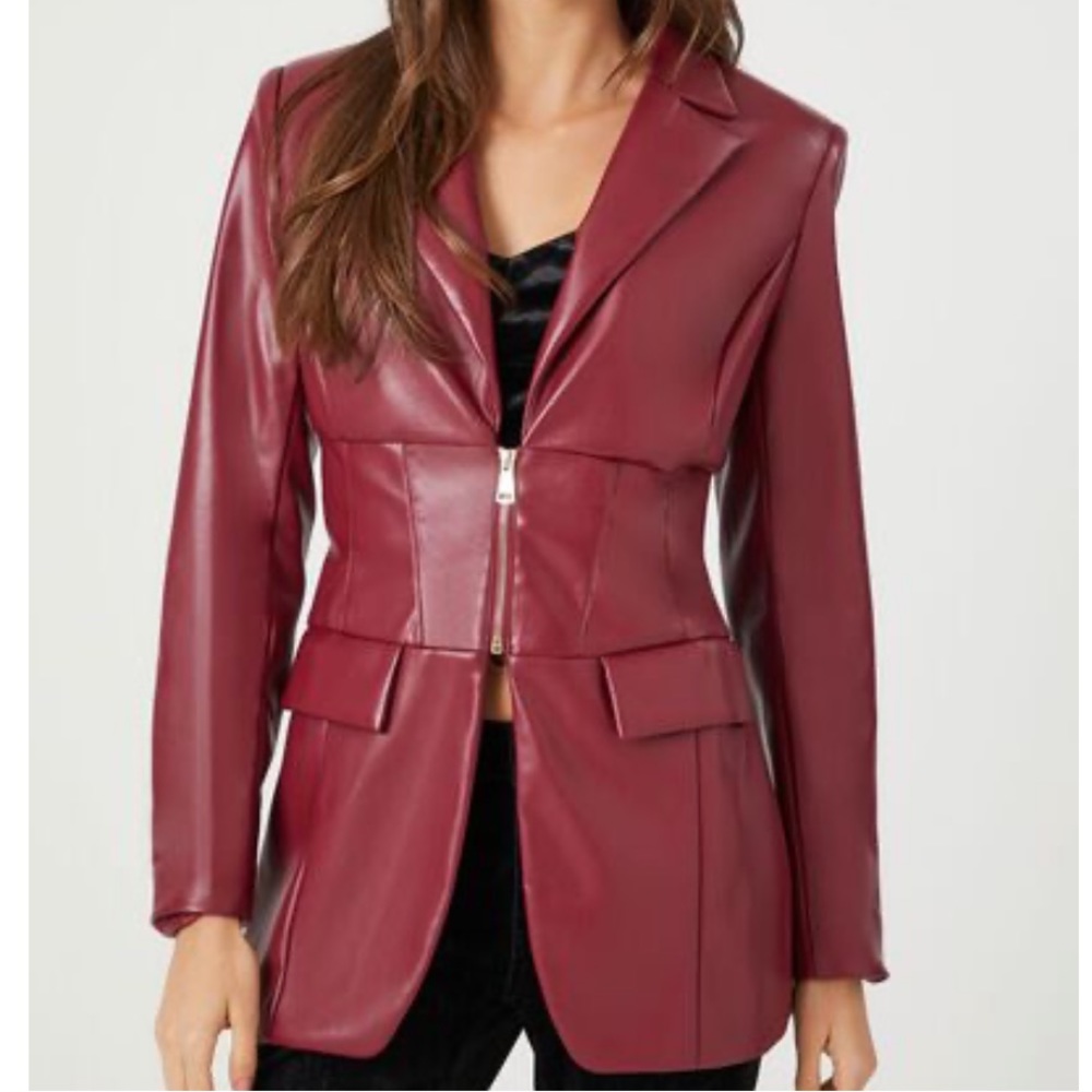 Faux Leather Zip-Up Blazer